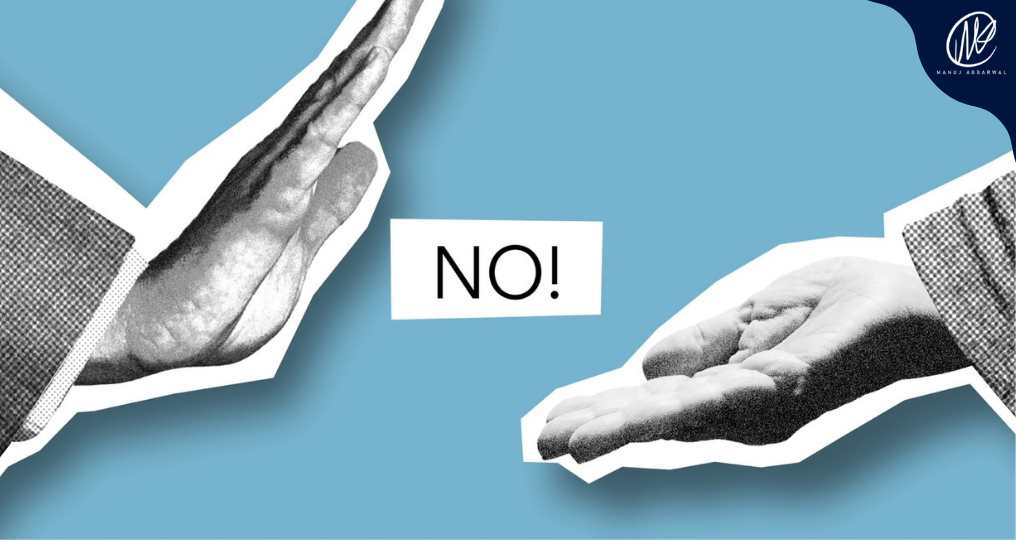 Two hands trying to meet for a handshake but 'no' is written in between