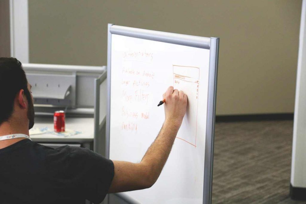 A man evaluating his startup idea using a white board 