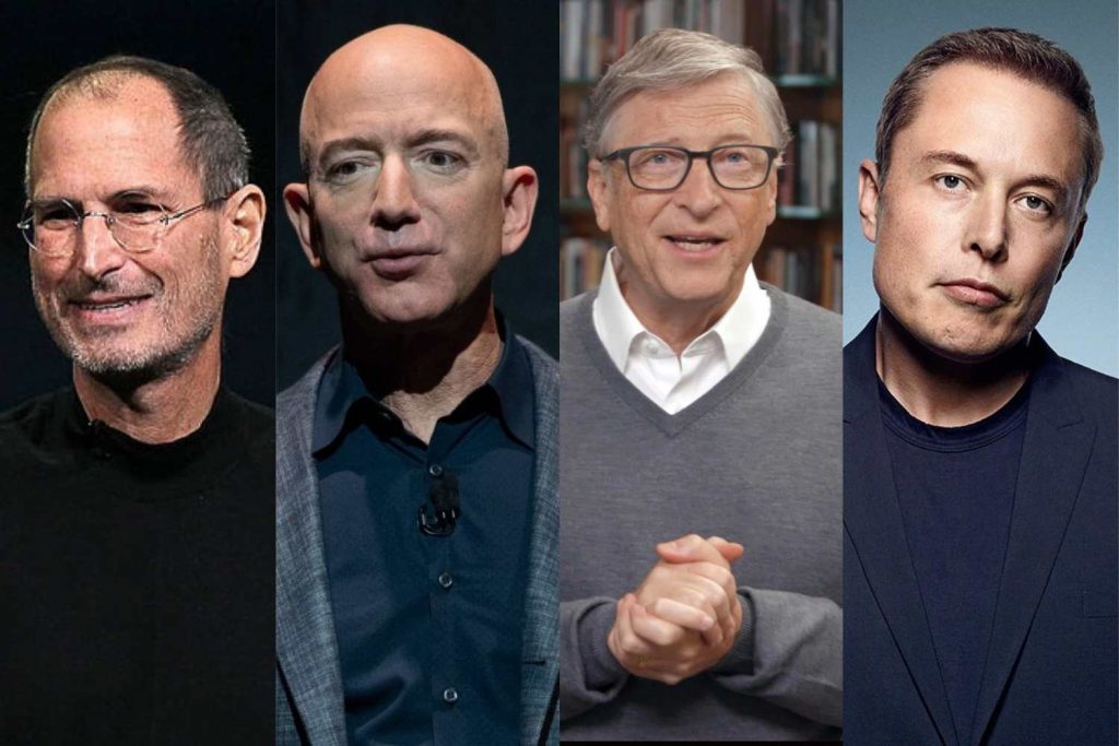 Portrait of Steve Jobs, Jeff Bezos, Bill Gates and Elon Musk 